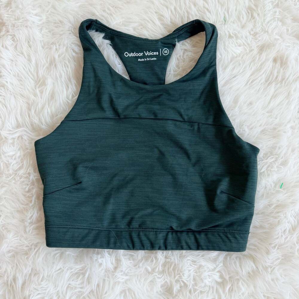 Outdoor Voices TechSweat Racerback Crop Top Sports Bra in Evergreen, Size XS